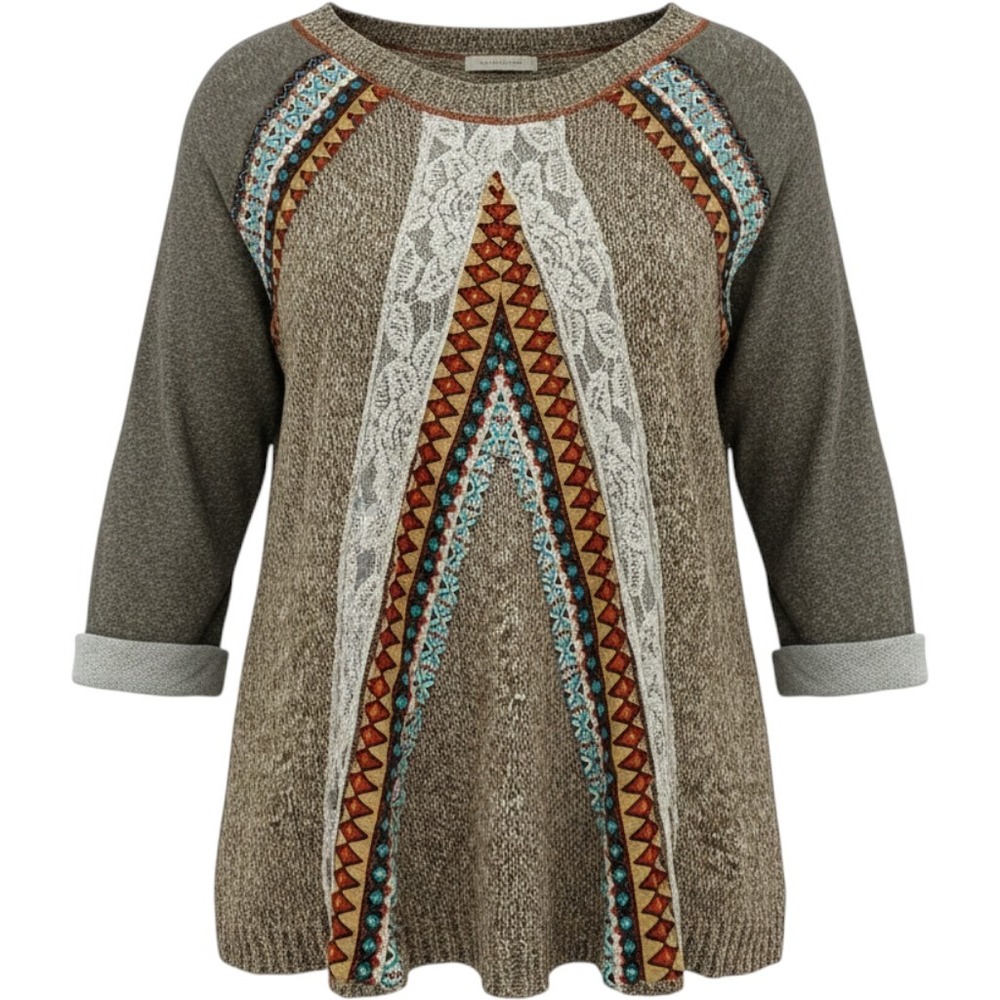 BKE  Brown Marled Knit Lace Tribal Mixed Media Sweater Western Casual Women M